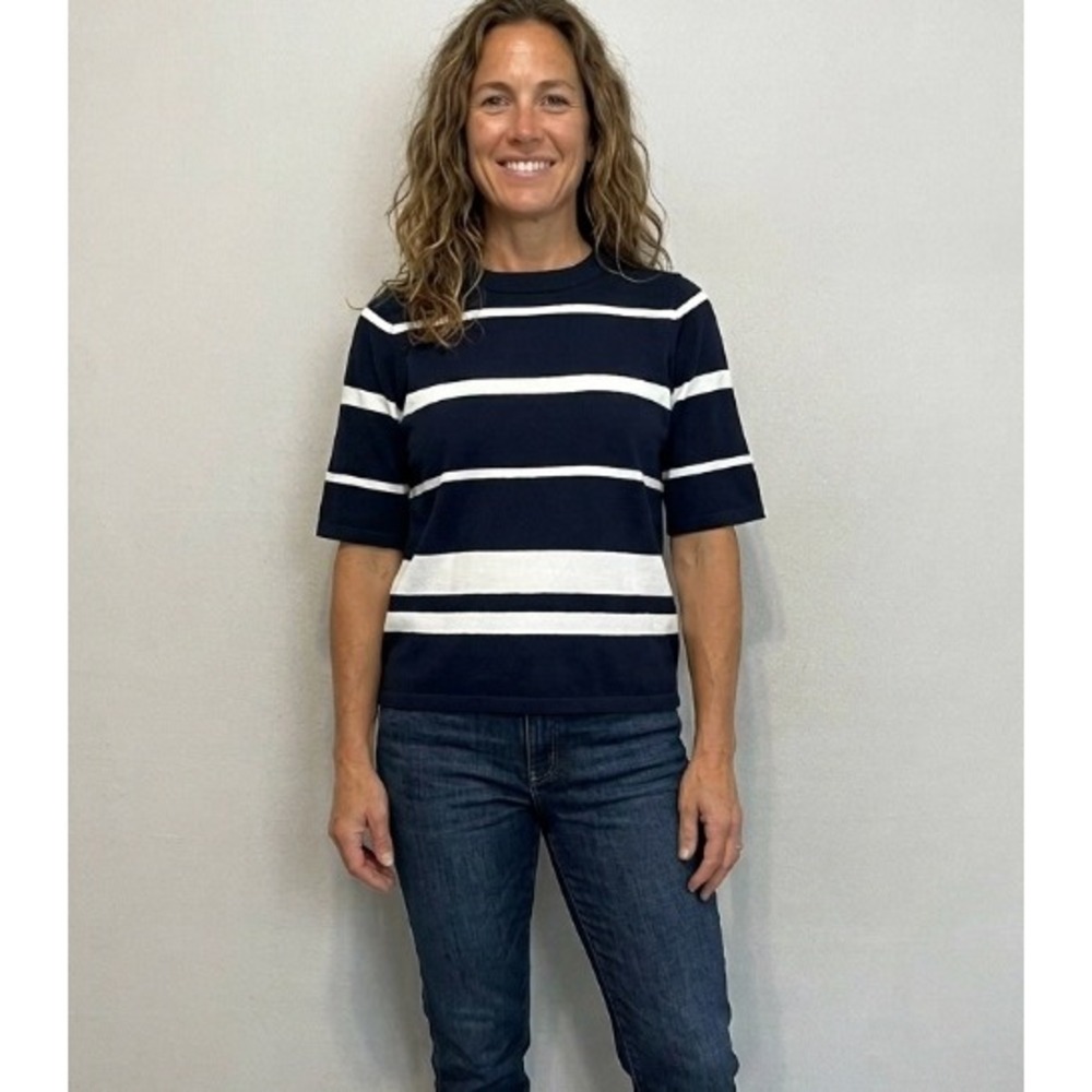 Blue Sky Clothing Co Navy Blue White Striped 100% Cotton Knit Top Size L